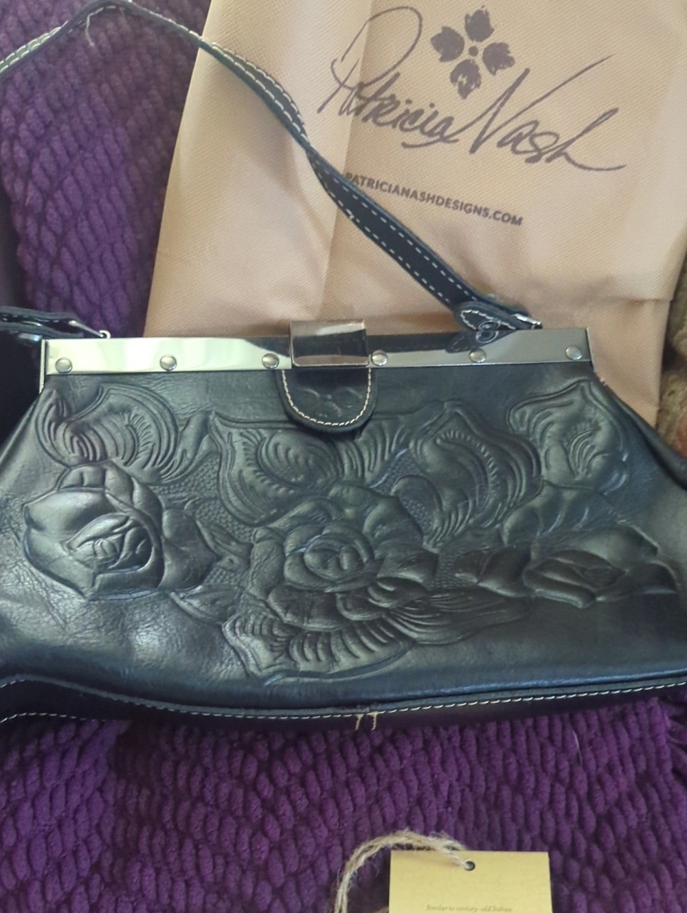 Patricia Nash Black Embossed Floral Leather Purse With Tags And Dust Cover.